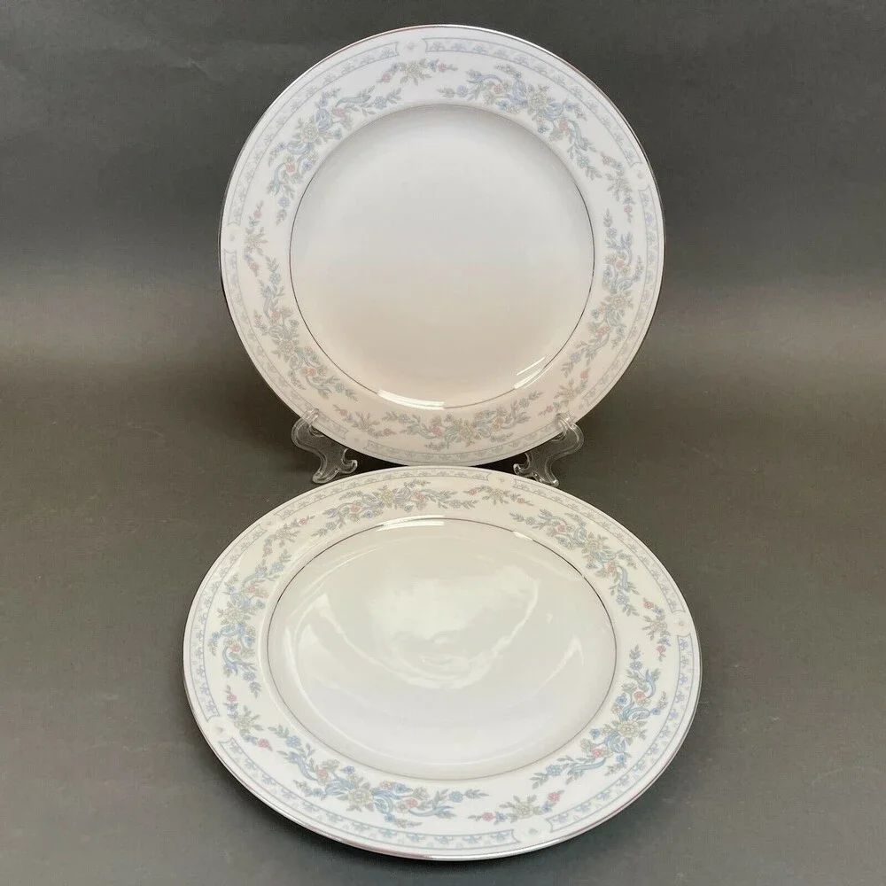 Somerset‎ by NL Excel Dinner Plates White Blue Floral Platinum Trim Lot of 2